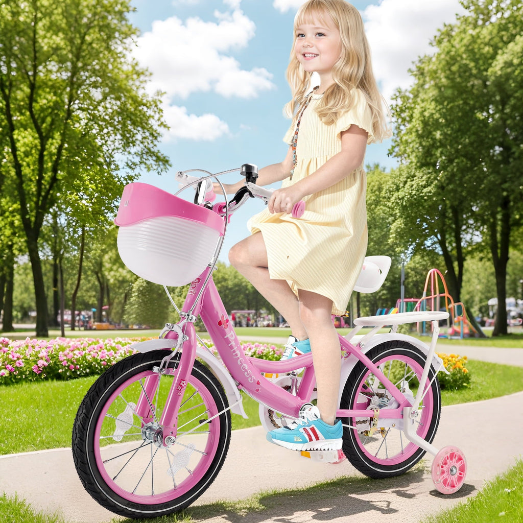 16 18 Inch Girls Bike for Toddlers and Kids Ages 4-9 Years Old, Kids Bike with Flashing Training Wheels & Basket, Girls Bicycle with Handbrake & Kickstand, Pink/Purple