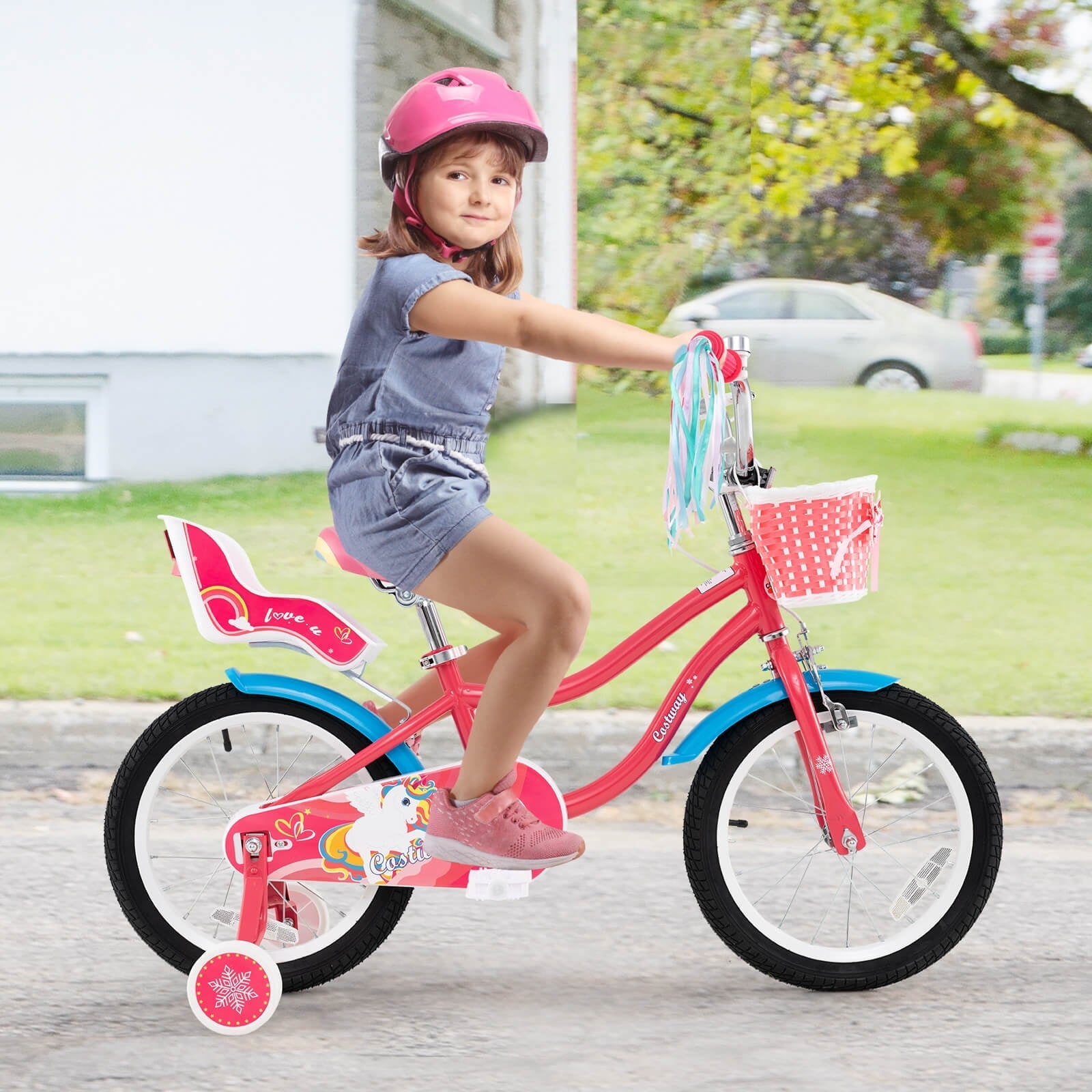 Costway 18 Inches Kids Bicycle with Training Wheels & Basket for Girls Age 4-8 Years Pink