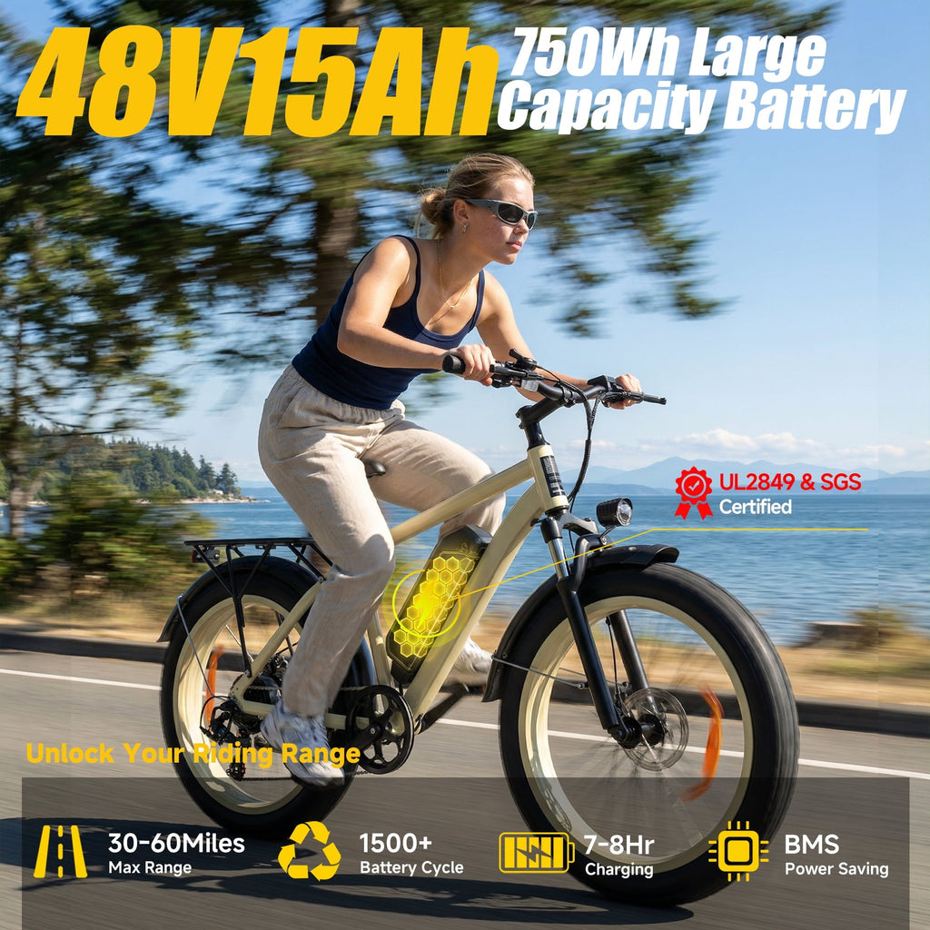 750W 1500W Electric Bike for Adults, 48V 15.6Ah Removable Battery, 26x4 Fat Tire Ebike, 7 Speed Shimano, Rear Rack, UL2849, Black