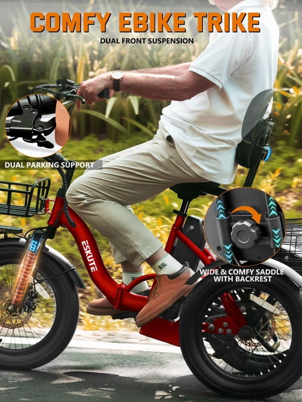 ESKUTE Electric Tricycle for Adults, 1200W Peak Motor, Up to 55 Miles Range, 624Wh Removable Battery, Folding 3-Wheel Ebike with 18x3.0 Fat Tires, Step-Through Red, UL2849