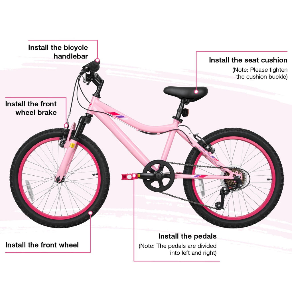 Hykolity 20 inch Kids Mountain Bike, 6 Speed Kid Bicycle Age 6-11 Year Old with Front Suspension Fork, Adjustable Seat Height, Pink