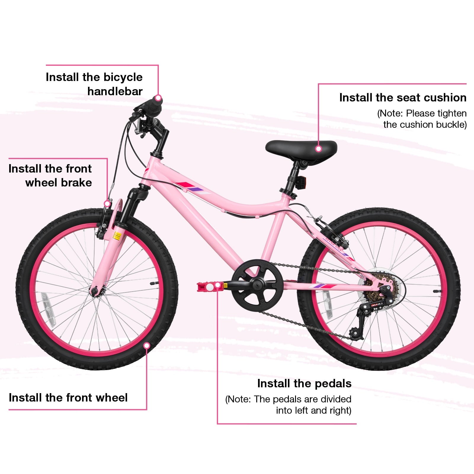 Hykolity 20 inch Kids Mountain Bike, 6 Speed Kid Bicycle Age 6-11 Year Old with Front Suspension Fork, Adjustable Seat Height, Pink