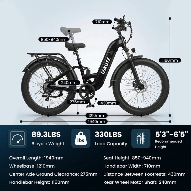 ESKUTE C300 1500W Electric Bike for Adults, 48V 20.8Ah Battery, 32MPH, 80 Miles Range, 26x4.0 Fat Tire Step-Thru Ebike, Full Suspension Electric Bicycle, 8-Speed Pink, UL2849