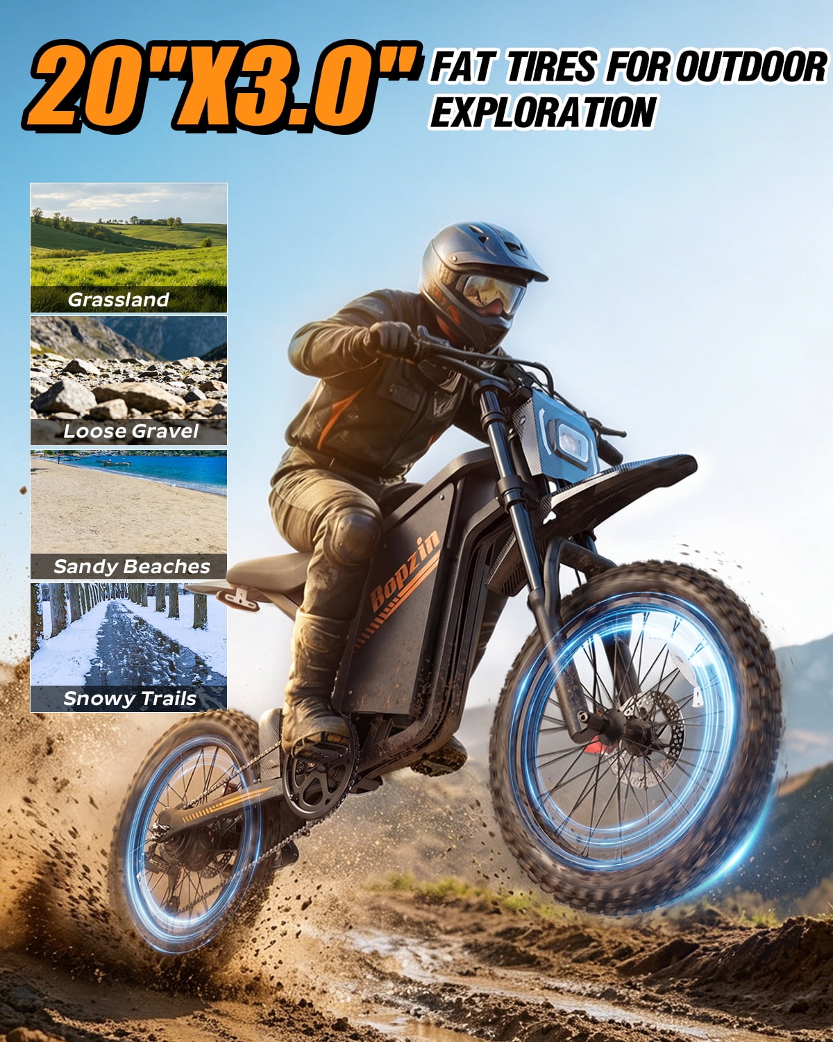 Bopzin Electric Dirt Bike for Adults, Smart App Anti-Theft, 60V 25Ah Up to 100 Miles, 3000W 20x3.0 Fat Tire Electric Bike UL2849