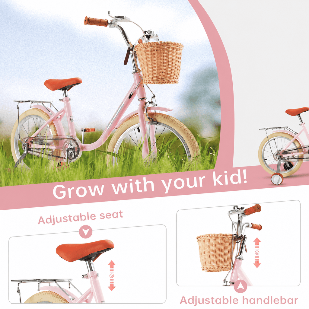 18 Inch Kids Bike with Removable Training Wheels, Adjustable Seat, Steel Frame & Dual Brake, Kids Bicycle for 6-10 Years Old Toddler Girls Boys