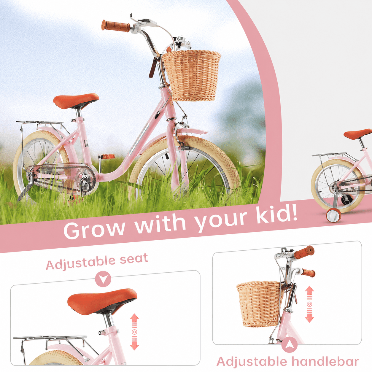 18 Inch Kids Bike with Removable Training Wheels, Adjustable Seat, Steel Frame & Dual Brake, Kids Bicycle for 6-10 Years Old Toddler Girls Boys