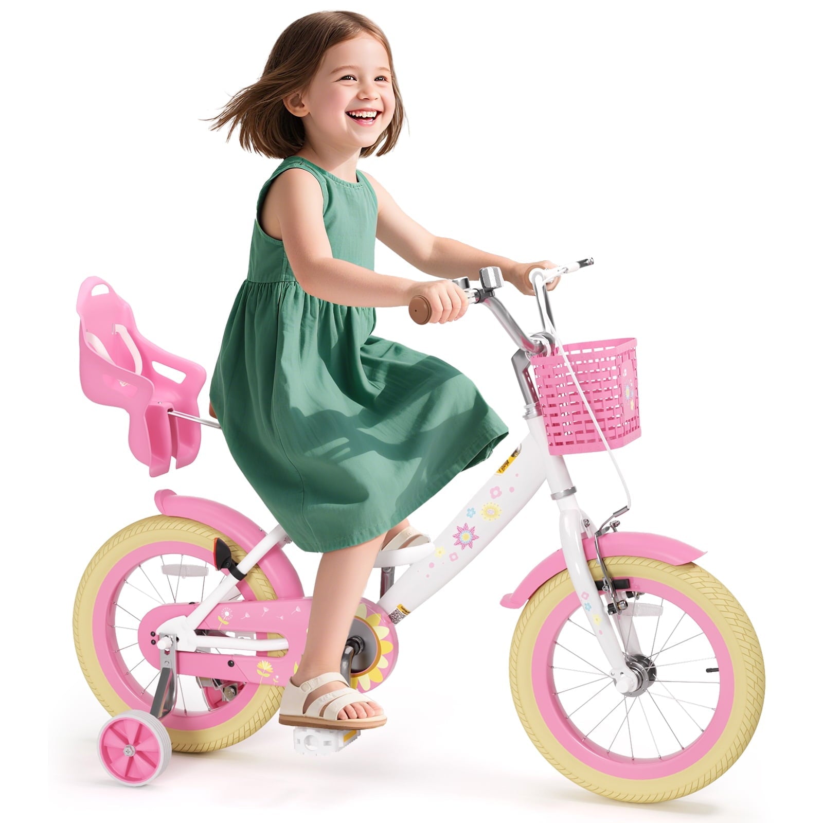 Korimefa Girls Bike for 3-9 Years Old Kids, 12 14 16 inch Kids Bike with Training Wheels, Basket and Doll Seat, Children Bicycles with Handbrake, Pink