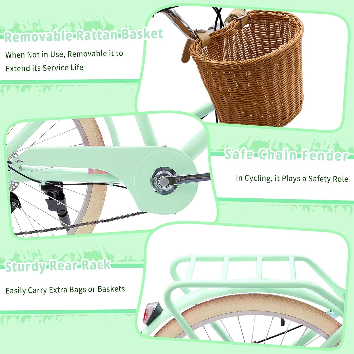 24 Beach Cruisers for Women, Pipleo Bikes for Women with Rattan Basket, 7-Speed & Step-Through Frame