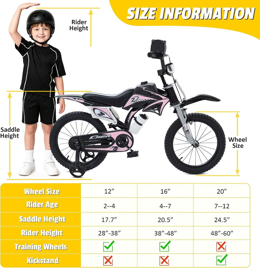 NEORIVER 16 Inch Motocross Style Kids Bike – Training Wheels, Sound Horn, Number Plate & Dashboard Included – Easy Assembly – Ages 3-12 Boys Girls