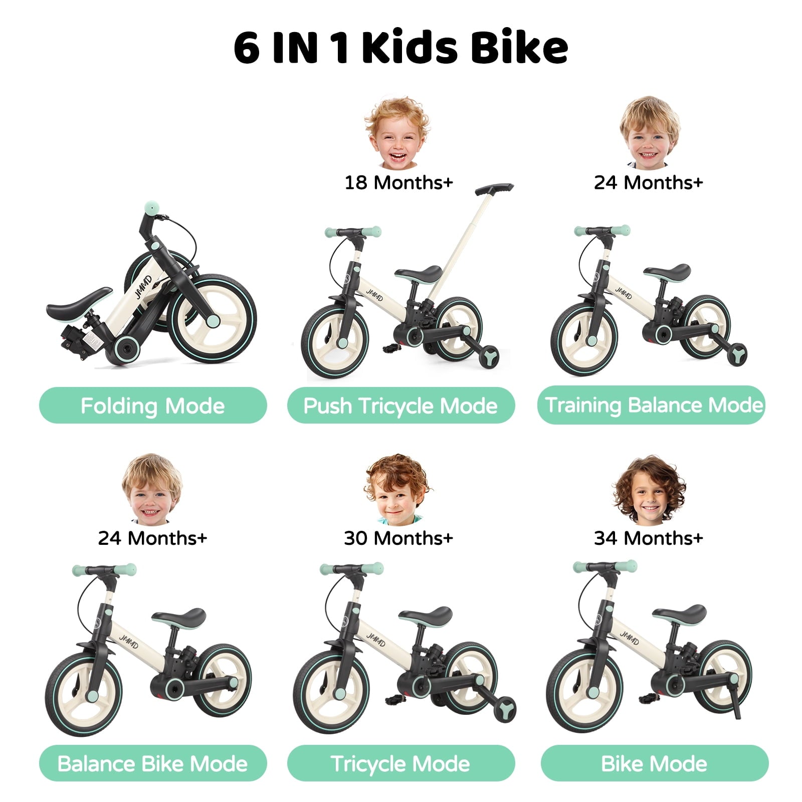 JMMD Toddler Bike with Push Handle for Kid 18-60 Months, 6 in 1 Foldable Tricycle with Training Wheel, Pedals, Kid Balance Bike for Boy & Girl, Black