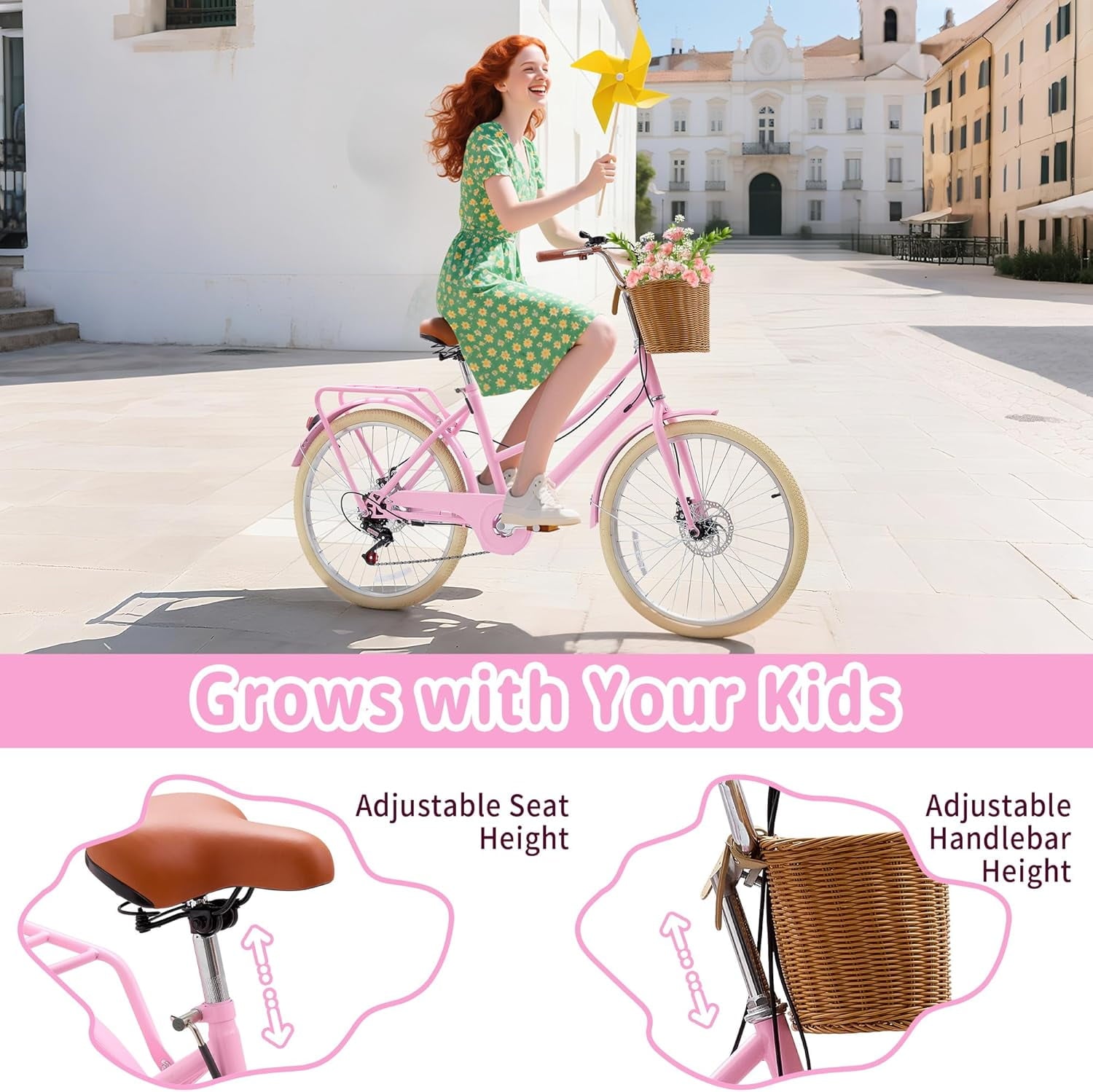 24 Beach Cruisers for Women, Pipleo Bikes for Women with Rattan Basket, 7-Speed & Step-Through Frame