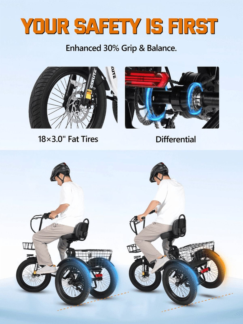 ESKUTE Electric Tricycle for Adults, 1200W Peak Motor, Up to 55 Miles Range, 624Wh Removable Battery, Folding 3-Wheel Ebike with 18x3.0 Fat Tires, Step-Through Red, UL2849