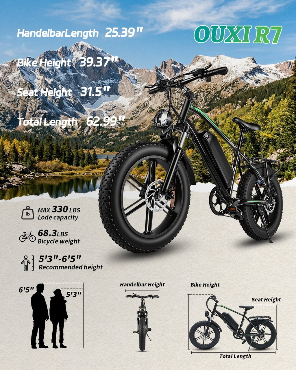 VTOKW Electric Bike, Peak 1000W Electric Bicycles for Adults, 20X4.0 Fat Tire Ebike, 48V/13AH Battery, 25MPH E-Mountain Bike for Cycling & Off-Road, 7-Speed Front Suspension Ebike for Adults UL2849