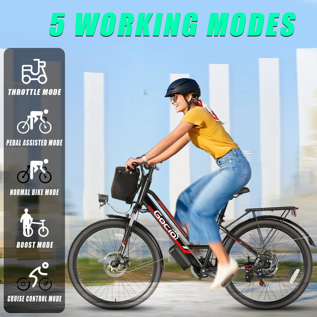 Gocio UL2849 Certified 26 Electric Bike for Adults, 750W Peak Motor, 48V 7.8Ah Battery, 19.8 mph 7-Speed Commuter Ebike with Disc Brakes