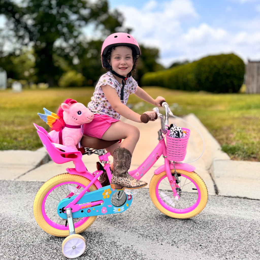 Glerc Maggie 14 inch Kids Girls Bike for Ages 3-5 Years Old Children, Princess Style Kids Bicycle with Doll-Seat & Basket & Training Wheels, Pink