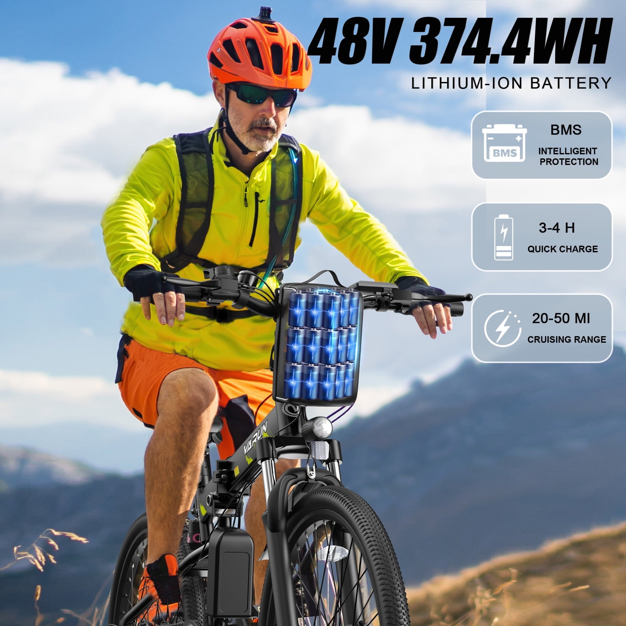 VARUN Electric Bike, 26 Foldable Ebike, Peak 750W Motor, 48V 374.4Wh Battery, up to 20+mph 50 Miles, 7 Speeds with Bike Pump, Phone Holder & Bike Lock & Rear Light, E Bike for Adult, UL2849(Black)