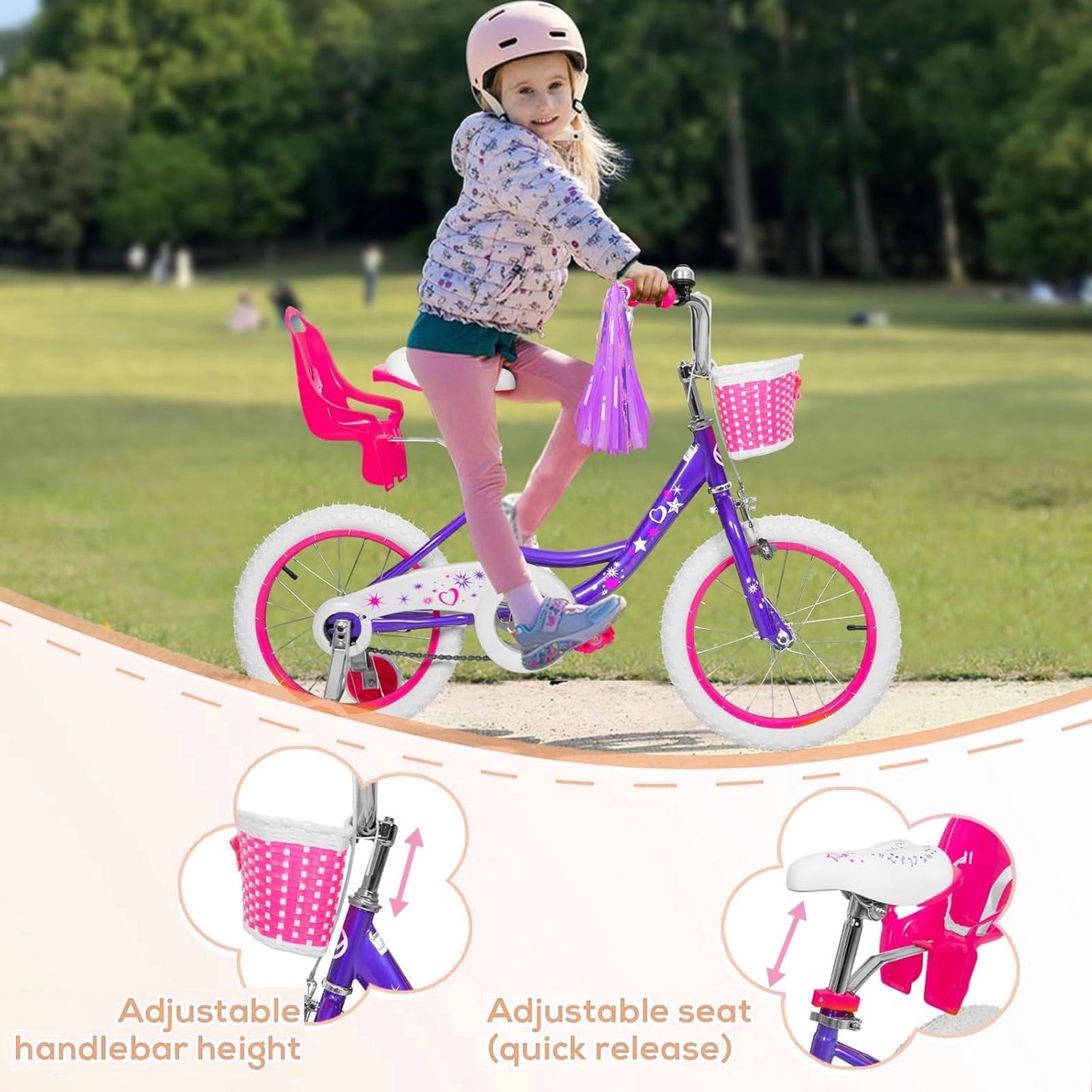Hykolity 14 inch Girls Bike Princess Bicycle for Age 3-5 Years Old Rider Height 35-47 inch includes Training Wheel Basket Doll Seat Aqua Blue