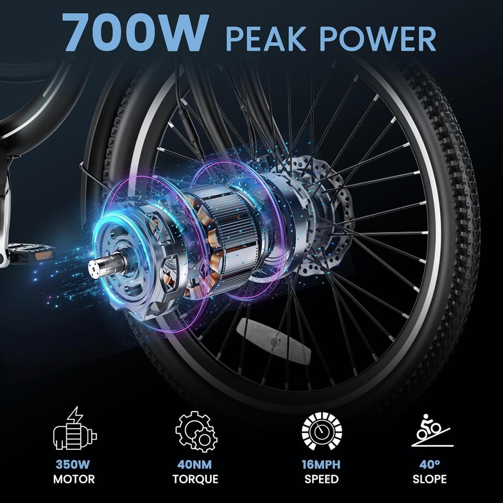 MOONCOOL Electric Trike for Adults w/ Rearview Mirror kit, 700W Peak Motor 10.4Ah battery .24/26 7 Speeds 3 Wheels Low Step Through Unisex Electric Trikes .35-60Miles