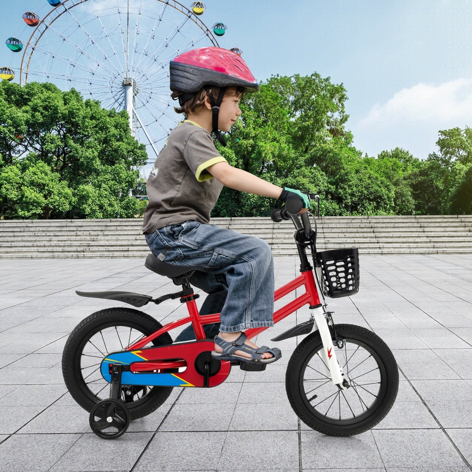Costway 14'' Kid's Bike with Removable Training Wheels & Basket for 3-5 Years Old White