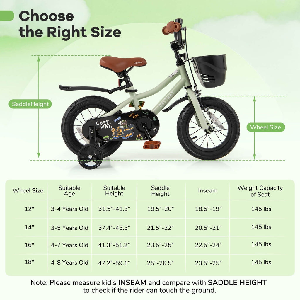 Costway 12 Kid's Bike with Training Wheels Adjustable Handlebar & Seat Handbrake Green