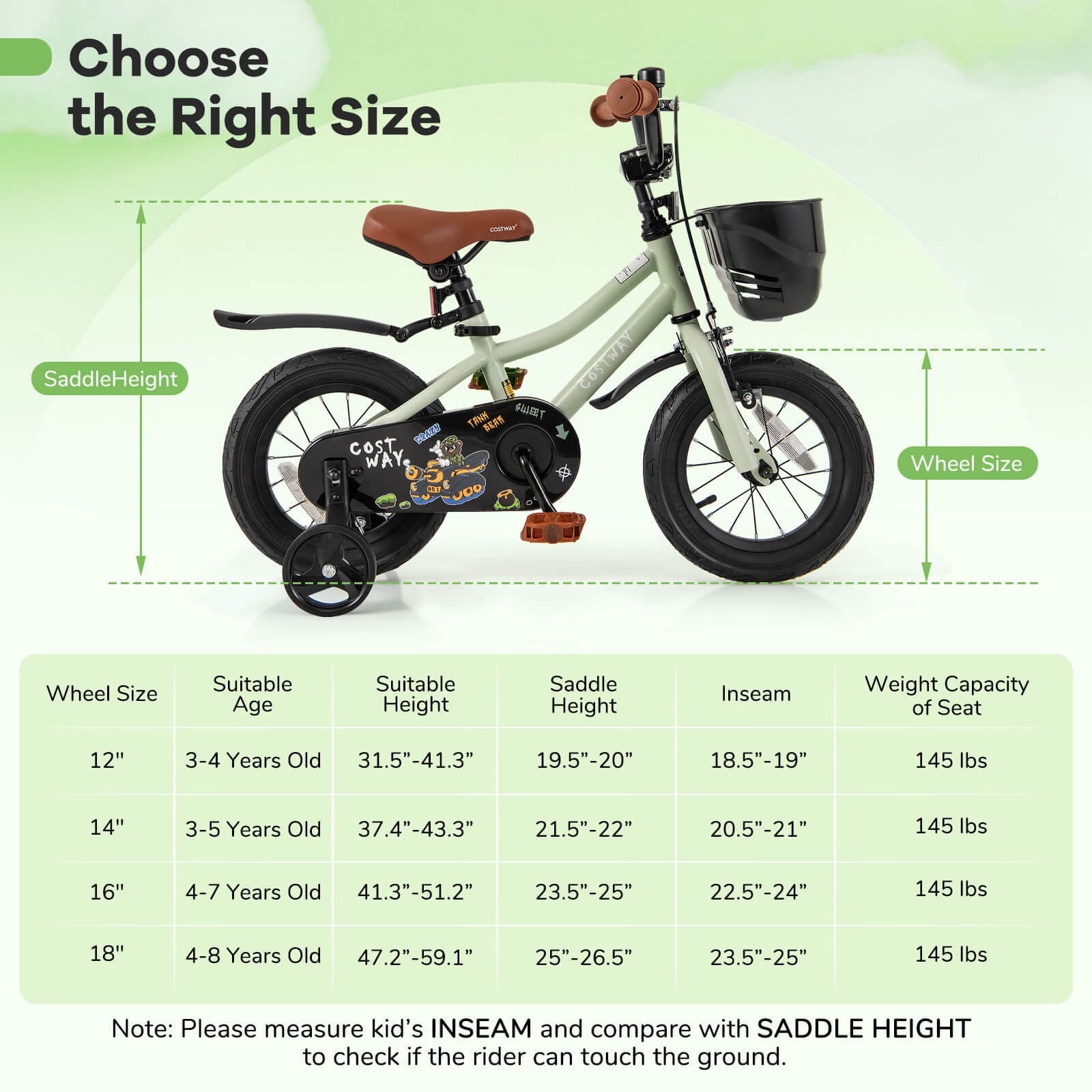 Costway 12 Kid's Bike with Training Wheels Adjustable Handlebar & Seat Handbrake Green