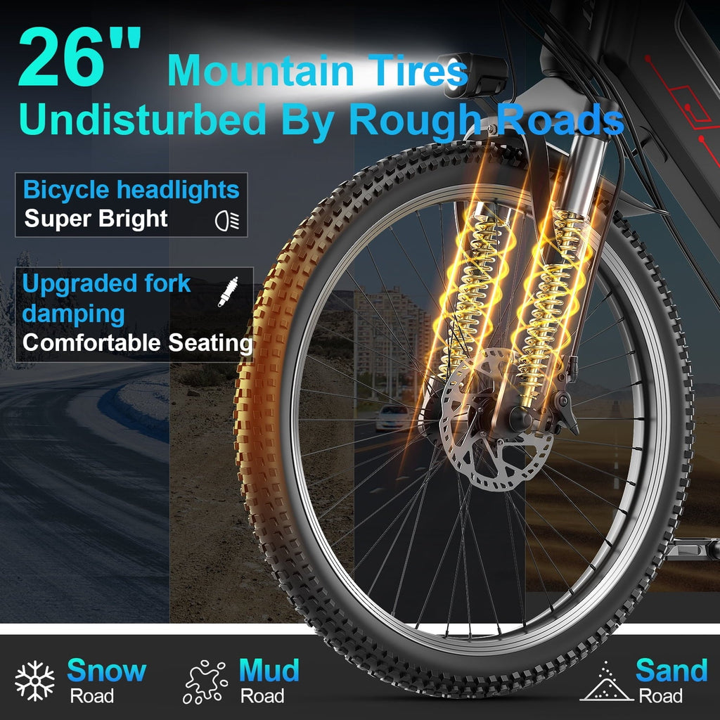 F26-1500W Off-Road Electric Bike, 26 Tire 55 Miles Electric Bike ,48V 10.5 Internal Battery (Removable), Top Speed 30MPH, Electric Mountain Bike Beach Bike, Professional 7 Speed UL2849
