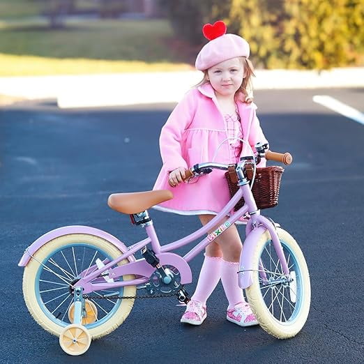 ACEGER 16 Inch Girls Bike with Basket, Purple, Training Wheels, Ages 4-8