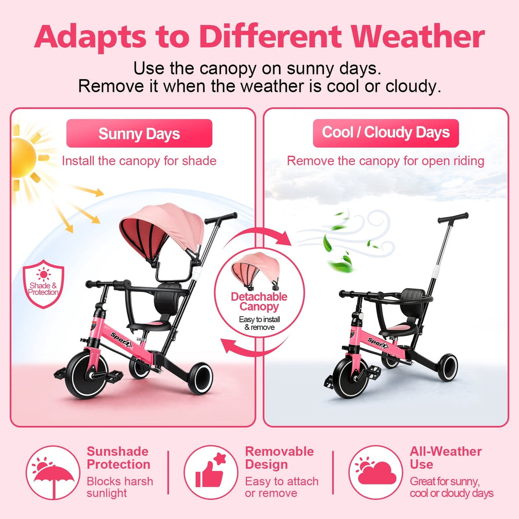 WLRETMCI 7 in 1 Toddler Bike, Tricycle for Toddlers 1-5 Year Old with UV Canopy, Balance Bike with Parental Control Handle, Adjustable Seat Height, Removable Pedal, Backrest (Pink)