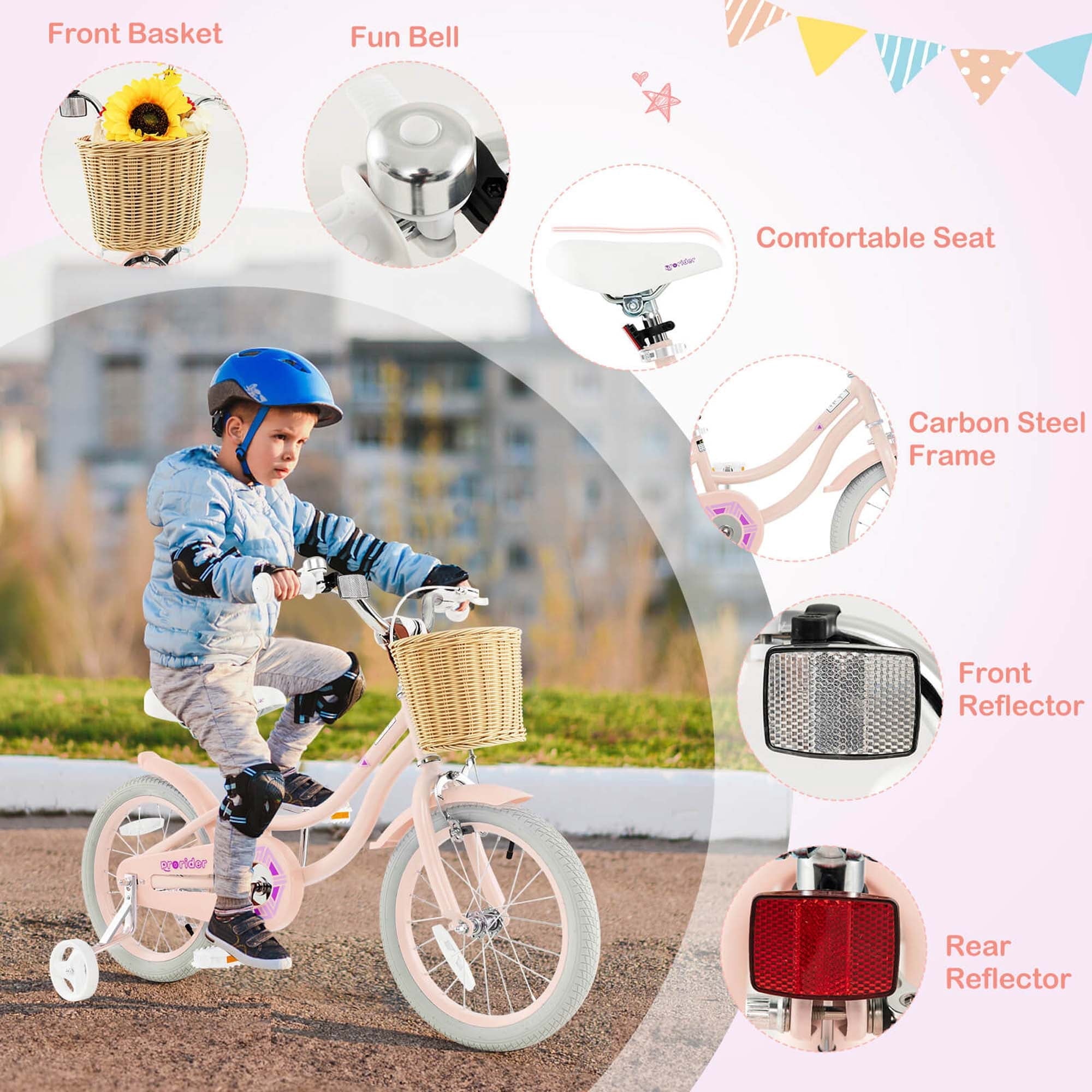 Costway 16 Kid's Bike with Training Wheels Adjustable Handlebar Seat Handbrake Pink