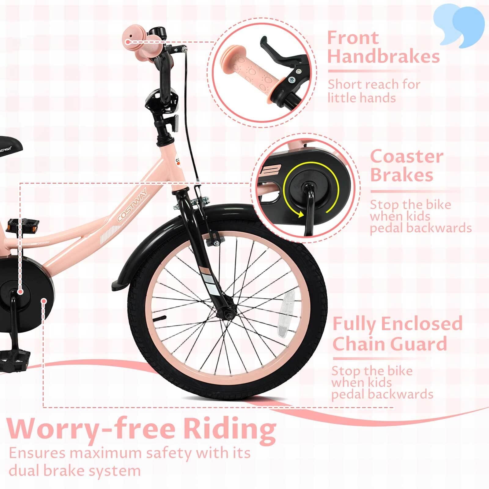 Costway 18 Inch Kids Bike with Training Wheels, Dual Brakes, Adjustable Seat & Handlebar Height Pink