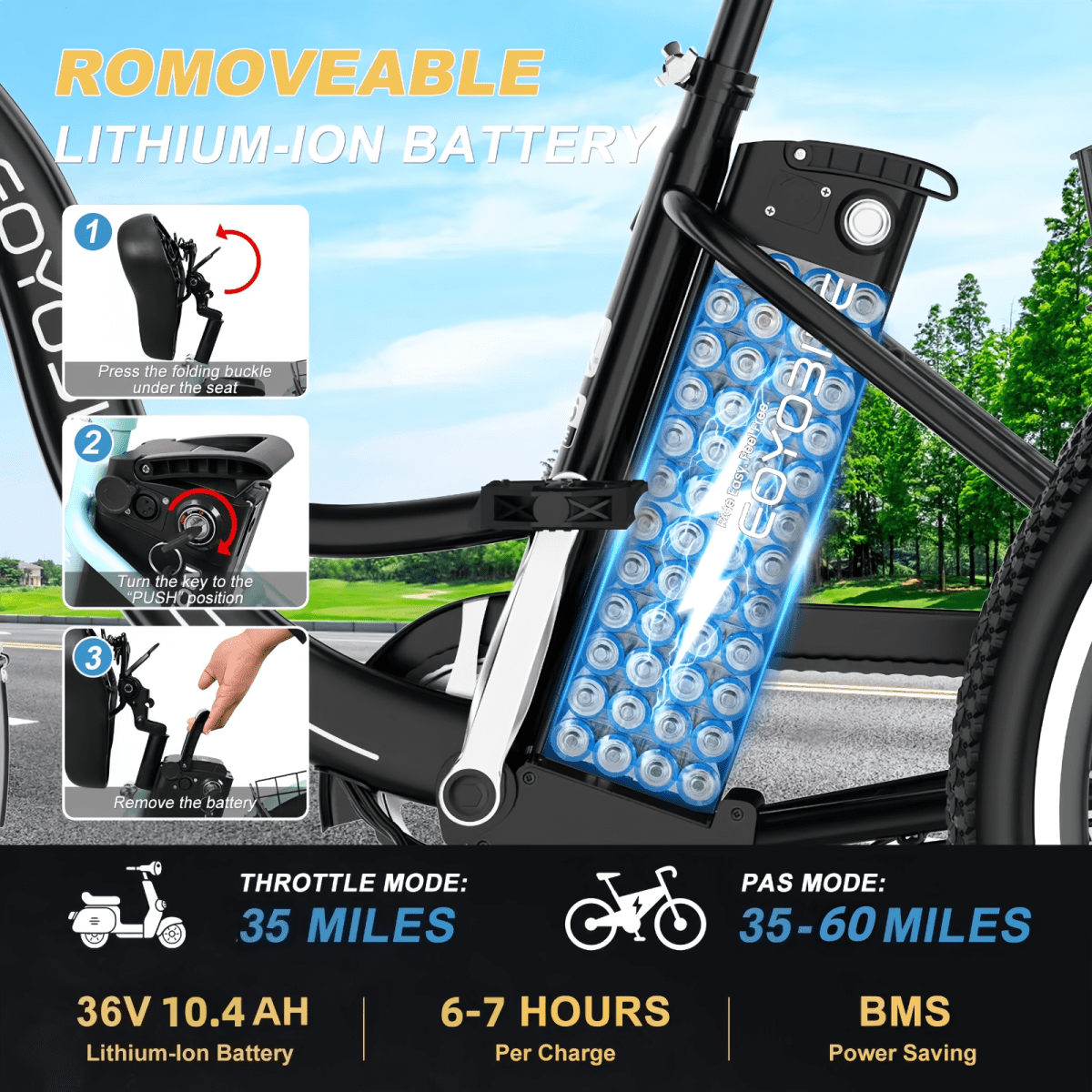 MOONCOOL Electric Trike for Adults w/ Rearview Mirror kit, 700W Peak Motor 10.4Ah battery .24/26 7 Speeds 3 Wheels Low Step Through Unisex Electric Trikes .35-60Miles