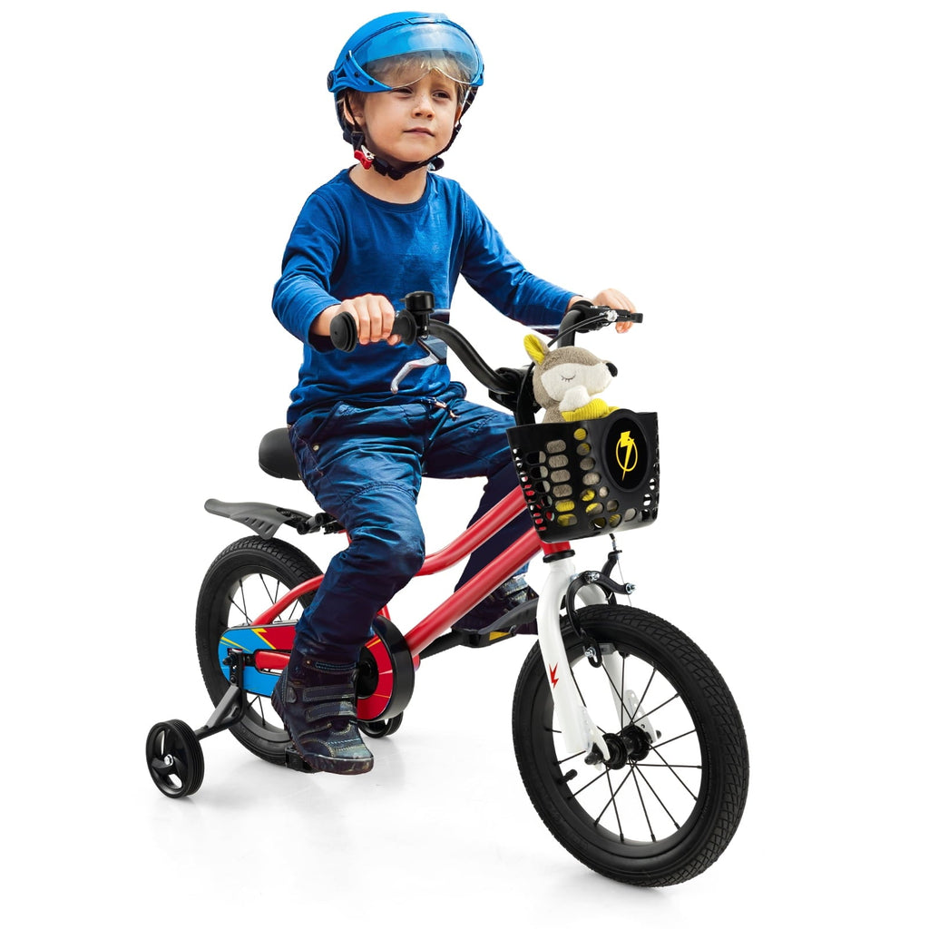 Costway 14'' Kid's Bike with Removable Training Wheels & Basket for 3-5 Years Old White