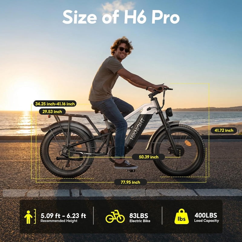 HiKNiGHT 4000W Dual Motor Electric Bike for Adults, 52V 20Ah Battery, 40 MPH & 90 Miles Range, 24 x 4.0 Fat Tire E-Bike, Dual Hydraulic Brakes, Full Suspension, H6 Pro (Black White) with Bag