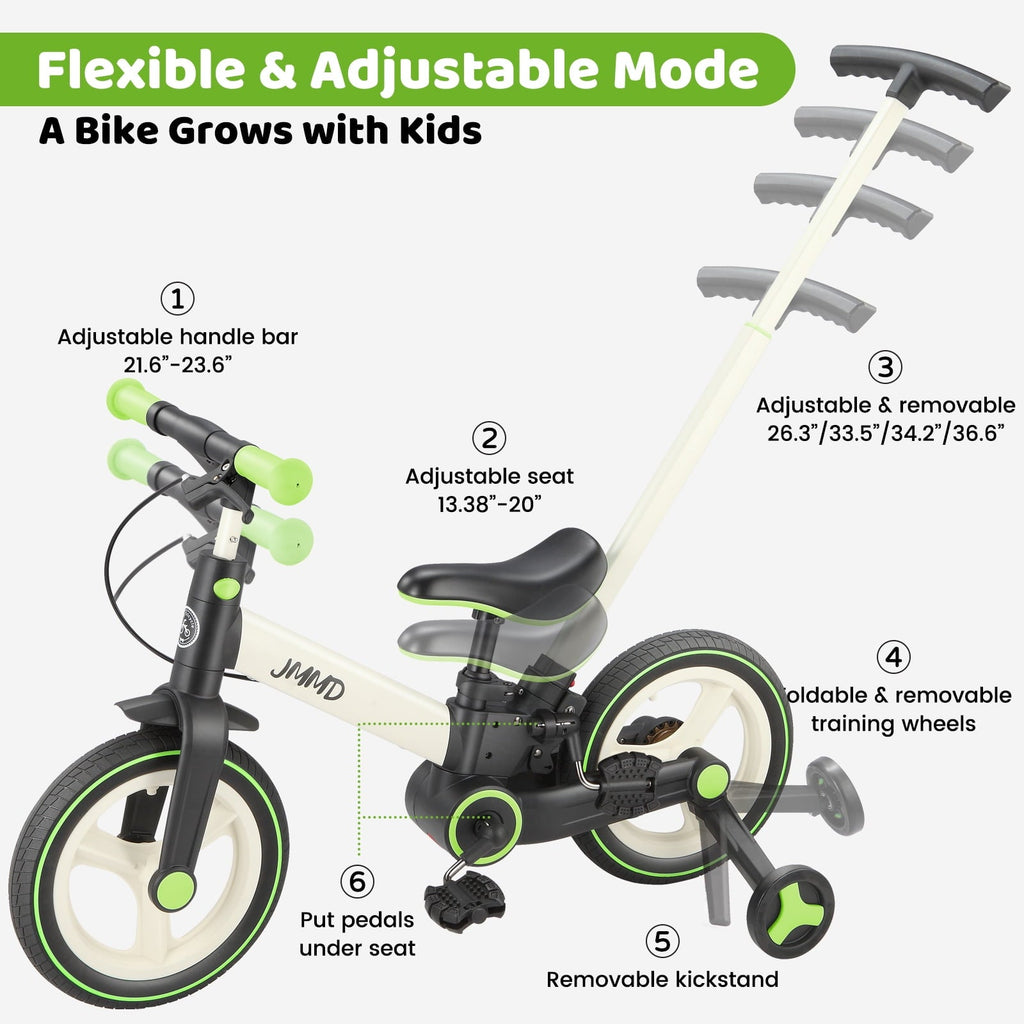 JMMD Toddler Bike with Push Handle for Kid 18-60 Months, 6 in 1 Foldable Tricycle with Training Wheel, Pedals, Kid Balance Bike for Boy & Girl, Black