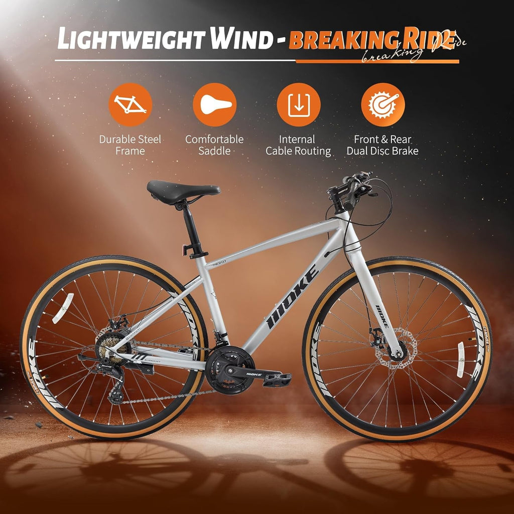 Mens Road Bike, NEORIVER 700C 24-Speed Hybrid Bike for Adults, Features Dual Disc Brakes, Trigger Shifting, Internal Wiring & Lightweight Frame for City Commuting