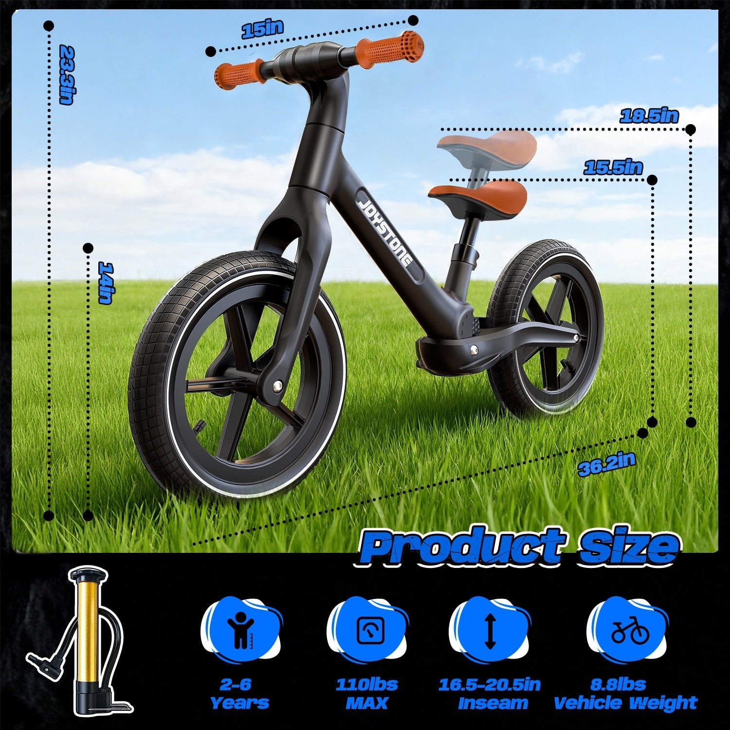 JoyStone 14 Inch Balance Bike for Kids, Toddler Balance Bike with Air Rubber Tires, Adjustable Seat, Lightweight No Pedal Training Bicycle, Gift Bike for 2-6 Boys Girls, Black