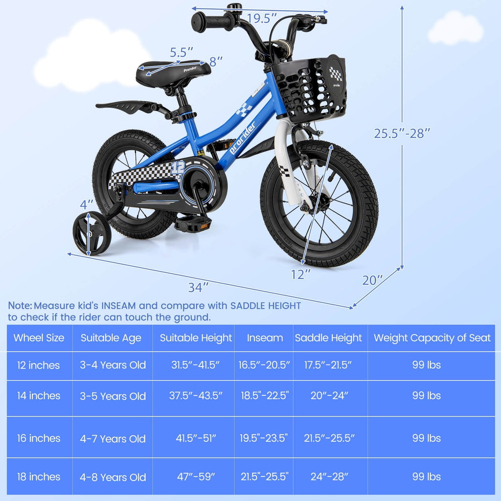Costway 14'' Kid's Bike with Removable Training Wheels & Basket for 3-5 Years Old White