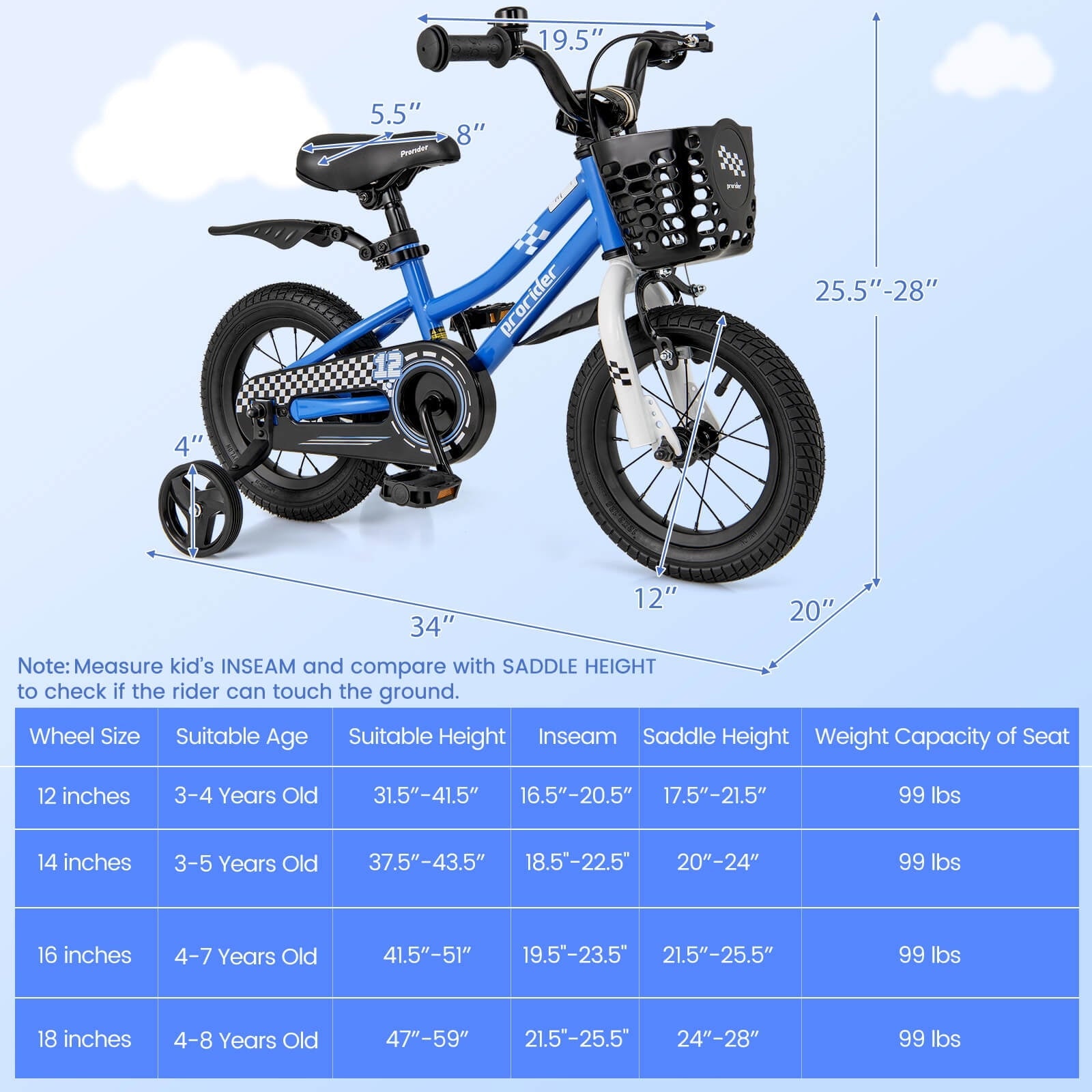 Costway 14'' Kid's Bike with Removable Training Wheels & Basket for 3-5 Years Old White