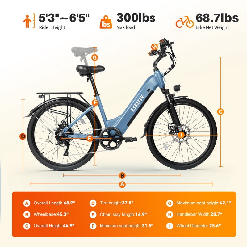 ESKUTE C200 Electric Bike for Adults, 1300W Peak Power Ebike, 28MPH Step-Thru E-Bicycle with 840Wh Removable Battery, Up to 70 Miles, 26 Tires, 7 Speed Adjustable Stem,white, UL2849