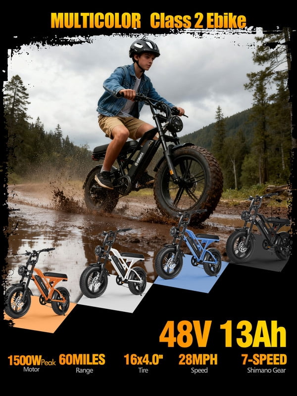 ESKUTE V100 Electric Bike for Teens Adults, 750W Peak 1500W 28 Mph 48V 13 Ah,16x4.0 Fat Tire E Bicycle, 7-Speed E-Bike with Dual Suspension, UL2849