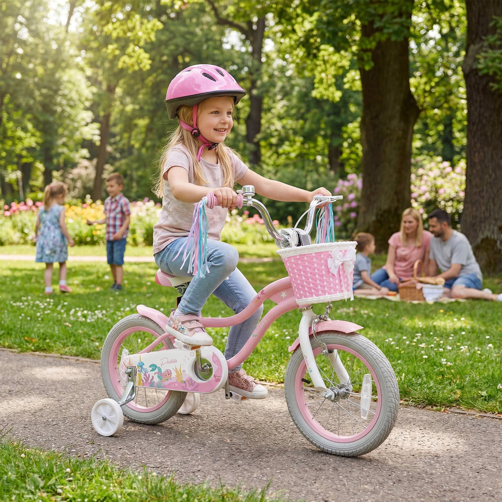 Costway 14 Kids Bike with Training Wheels Hand Coaster Brakes Adjustable Seat Handlebar Pink