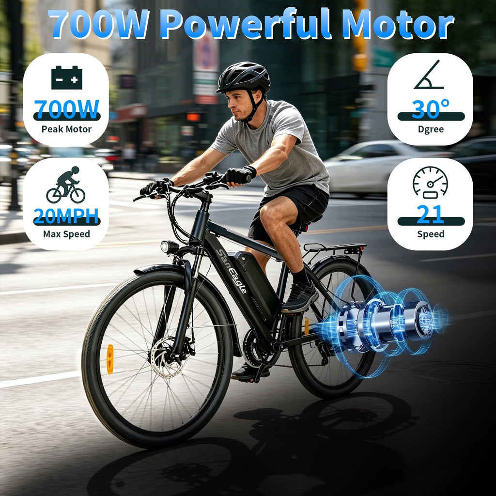 Saneagle 700W City Electric Bike for Adults, 36V 10.4Ah Removable Battery, 26 Commuter E-Bike, Shimano 21 Speed, UL 2849 Certified, Black