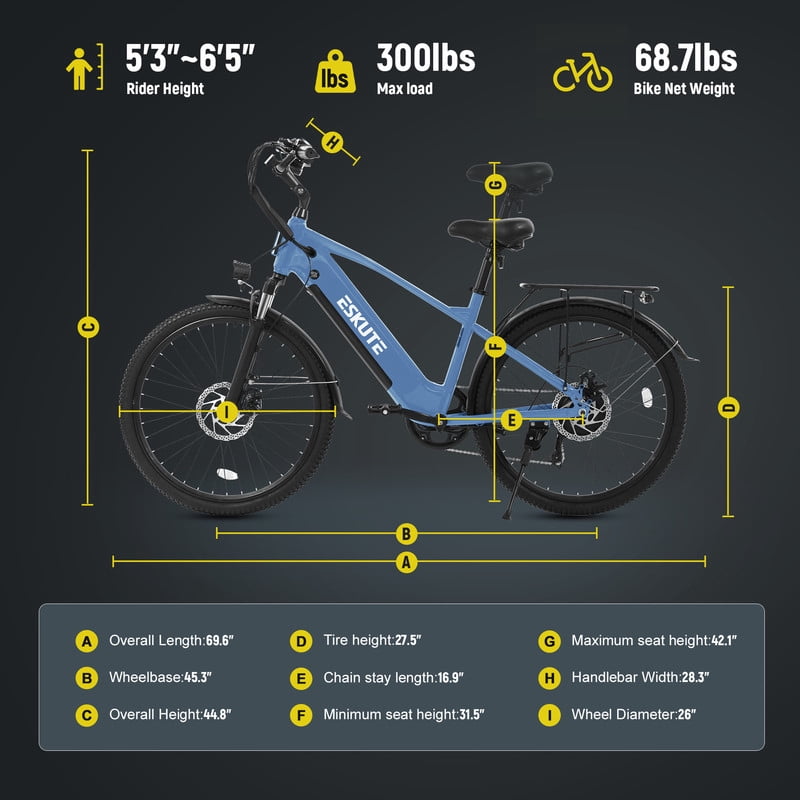 ESKUTE C200 70-Mile Electric Bike for Adults with 840Wh Removable Battery, 1300W Peak Power Ebike, Up to 28MPH Speed, 26 Tires, 7-Speed Adjustable Stem Step-Over E-Bicycle,Orange, UL2849
