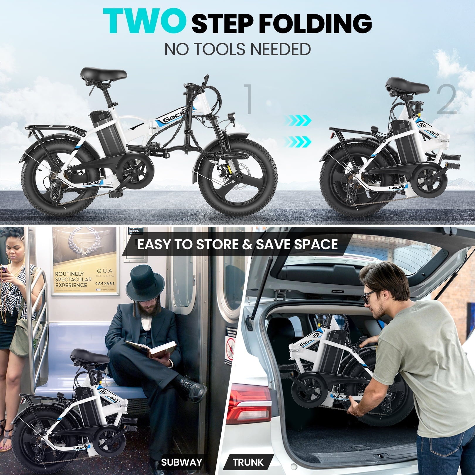 Gocio Peak 750W Electric Bike, 16 x 3.0 One-Piece Fat Tire Foldable Electric Bicycle for Adults Women, 48V 374.4Wh Removable Battery Ebikes, 20MPH Commuter E Bike for Teenager UL2849 Certified
