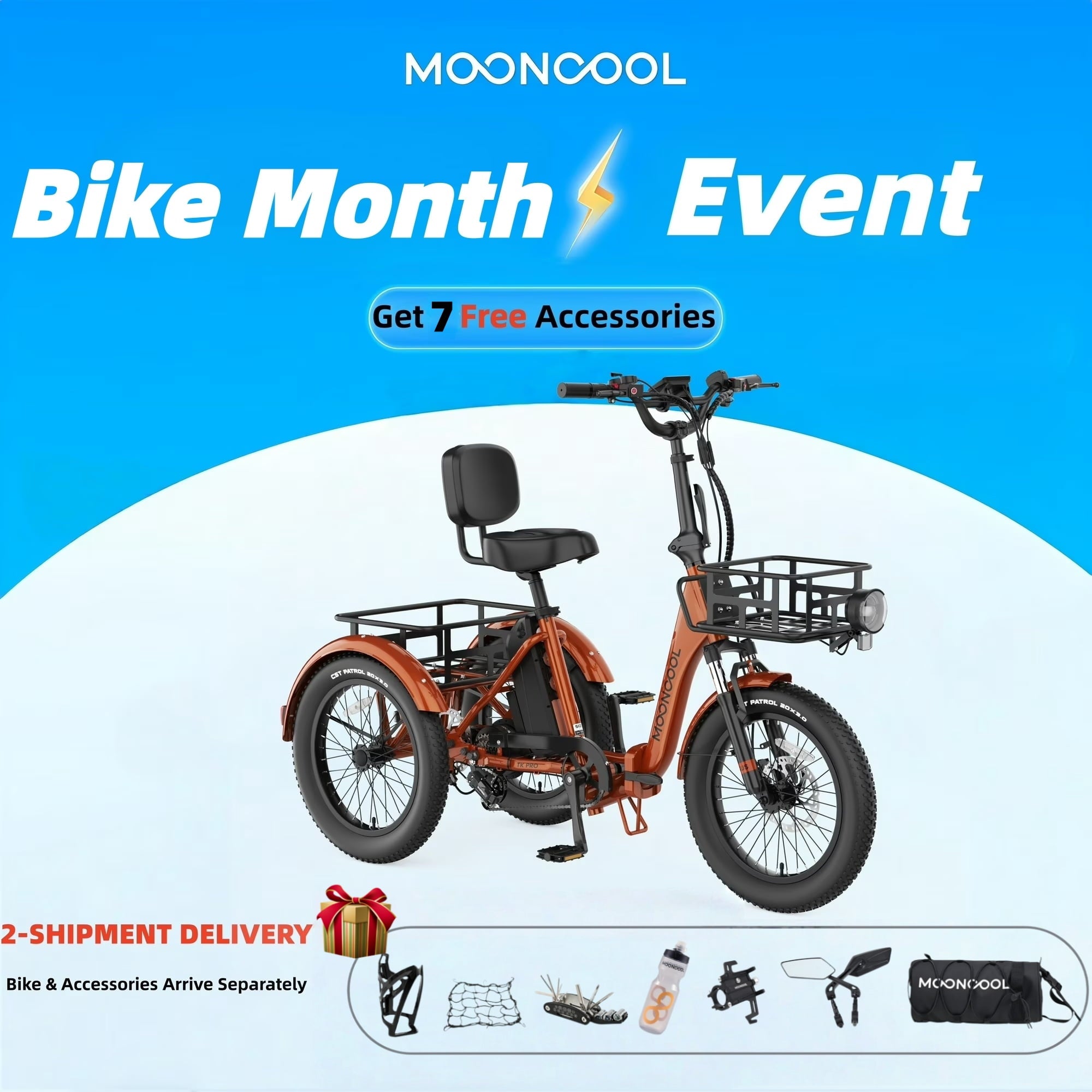 MOONCOOL TK Pro Foldable Electric Tricycle W/ Rearview mirror accessory Kit, 1500W Motor 48V 20Ah Battery, 20 Fat Tire Three Wheel 6-Speed Electric Mountain Bicycle for Adults