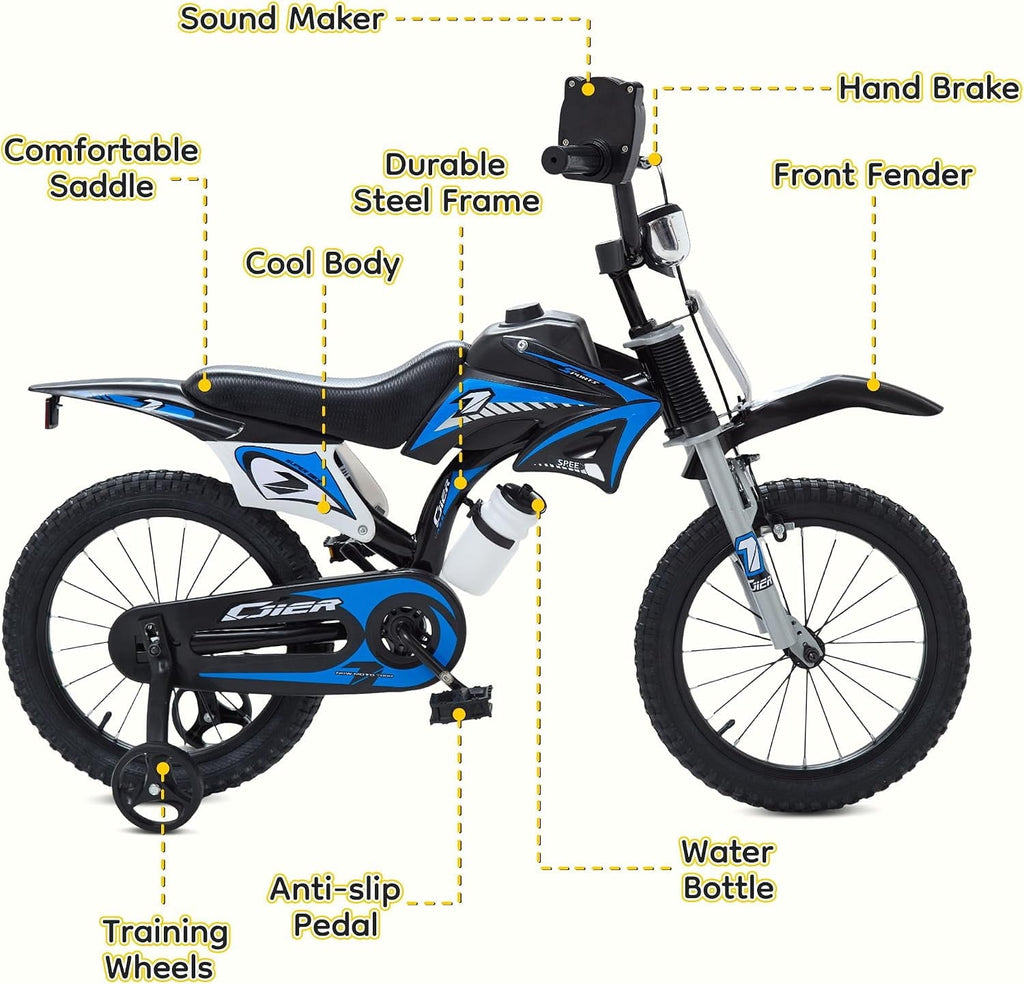 NEORIVER 16 Inch Motocross Style Kids Bike – Training Wheels, Sound Horn, Number Plate & Dashboard Included – Easy Assembly – Ages 3-12 Boys Girls
