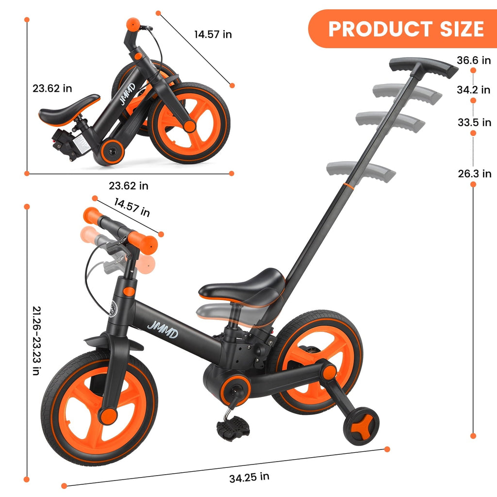 JMMD Toddler Bike with Push Handle for Kid 18-60 Months, 6 in 1 Foldable Tricycle with Training Wheel, Pedals, Kid Balance Bike for Boy & Girl, Black