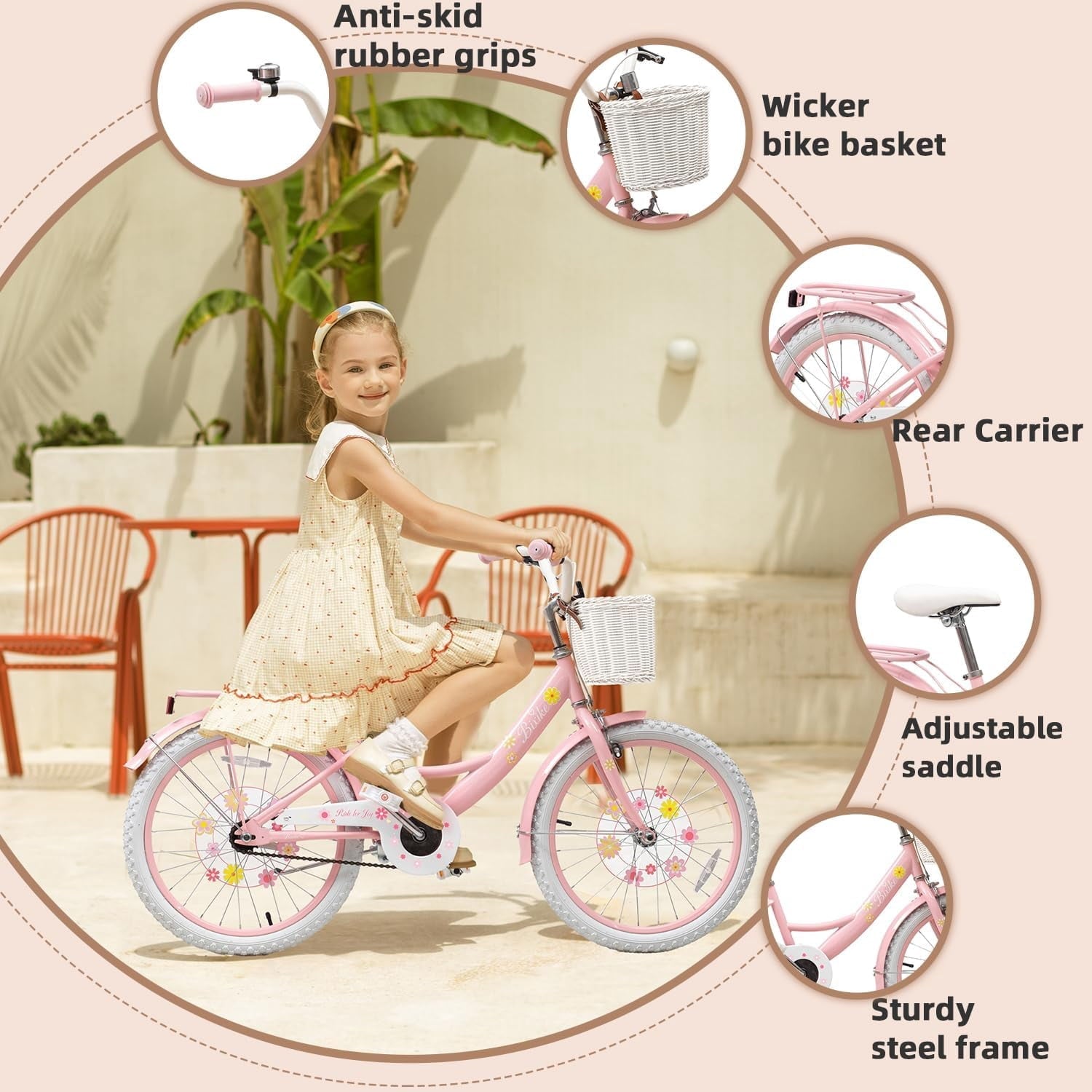 ACEGER 14 Inch Girls Bike with Basket, Training Wheels, Doll Seat, Purple Kids Bicycle for Ages 3-5