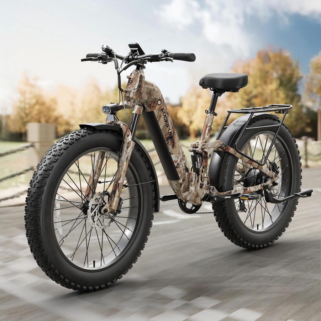 PUCKIPUPPY Electric Bikes for Adults 26 Step-Thru Ebikes 960W Peak Motor 80Miles Range 28mph Max Speed 48V 20AH Battery Full Suspension Fat Tire Mountain E Bike 7 Speed, Comply with UL2849 By SGS