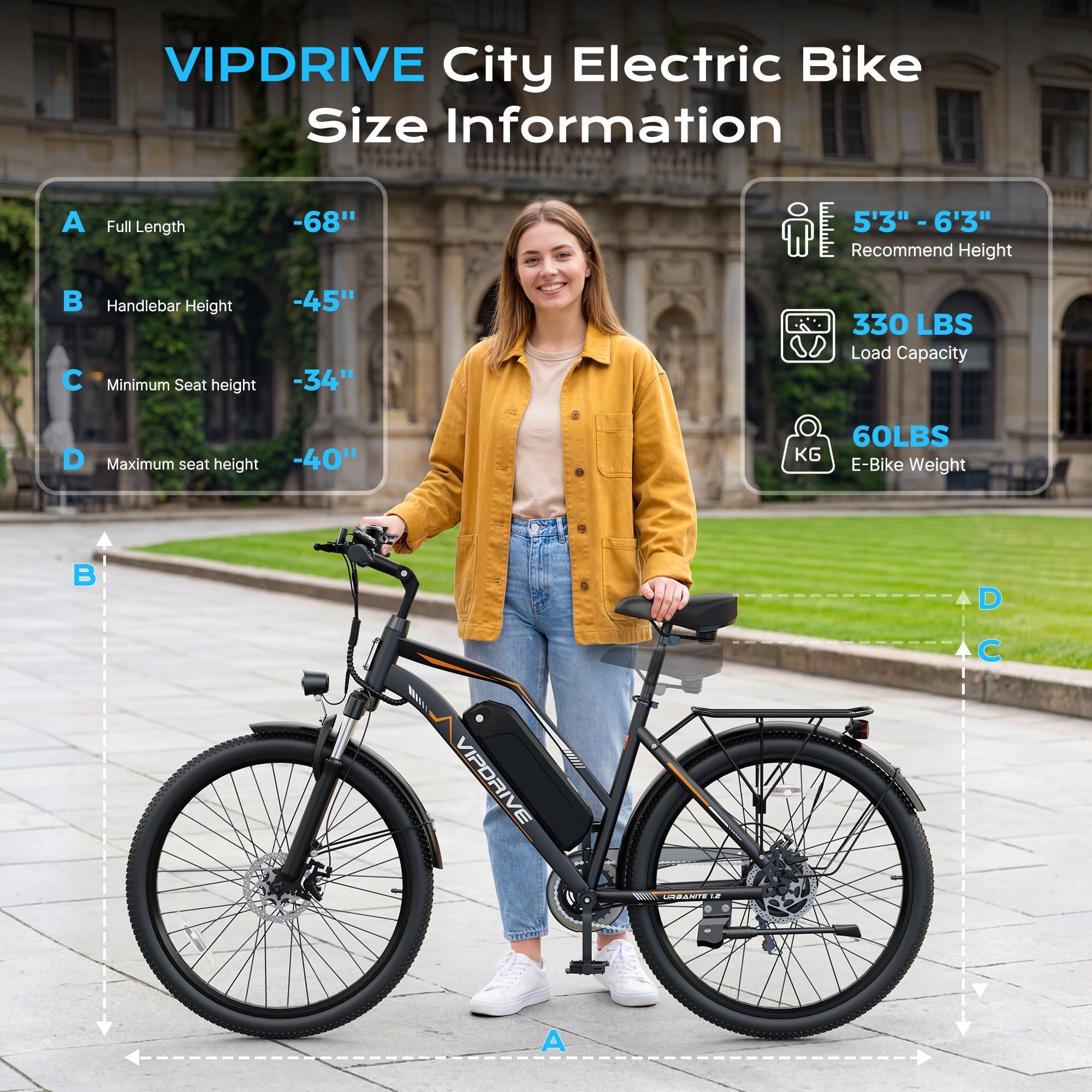 VIPDRIVE 26 Electric Bicycle for Adults & Women, Peak 750W Motor E-Bikes, 48V 7.8Ah Battery, 7-Speed, City Cruiser E-Bike, LCD Display, 50 Mi Range（UL2849）